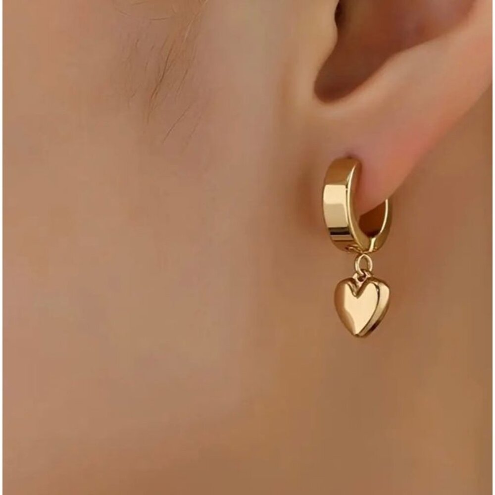 Dainty Dangle Heart Huggie Earrings - Picture 4 of 5